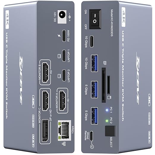 Docking Station Usb C - Przełącznik KVM USB-C na 3 monitory